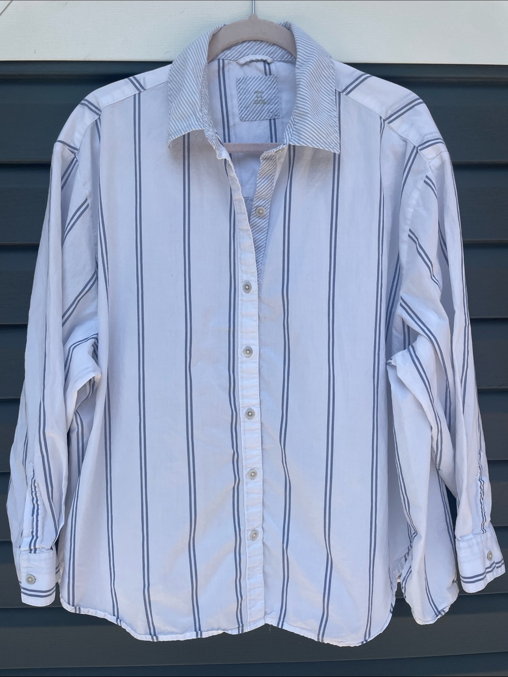 aerie White Button-Down Shirt with Navy Stripes